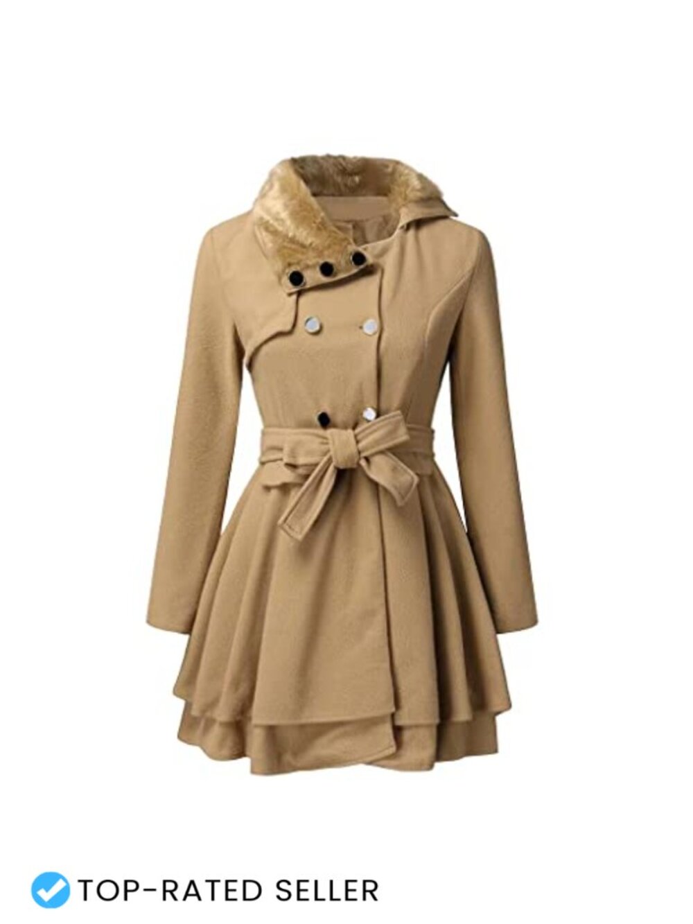 Women's Double Breasted Faux Fur Collar Pea Coat Belted Winter Trench Coat